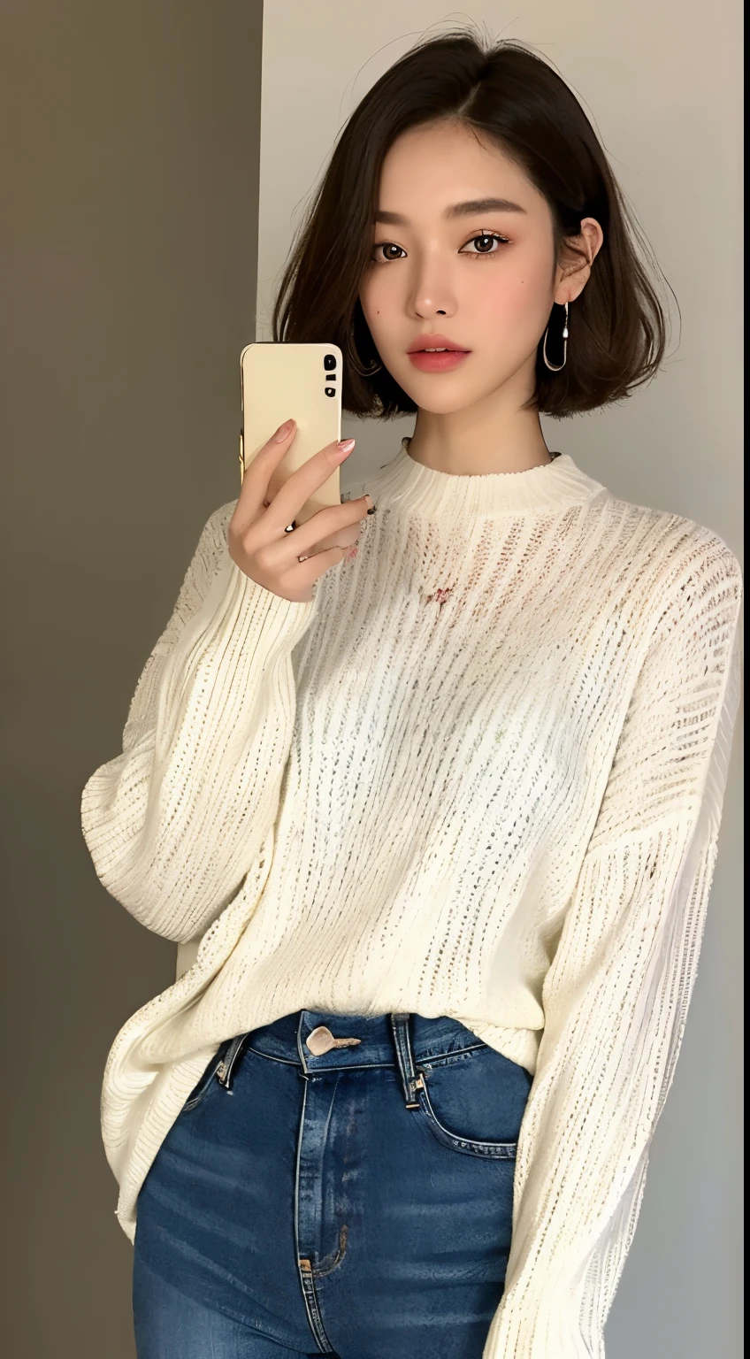 (Best quality, 8k, 32k, Masterpiece, UHD:1.3),Photo of glamorous korean woman, 1girl, ((oversize white sweater)), (slender figure, perfect body :1.2), medium-short hair: 1.1, (fashion jeans), (indoor, night :1.2), holding a phone, ultra-detailed face, ultra-detailed fingers, detailed lips, detailed eyes, double eyelid