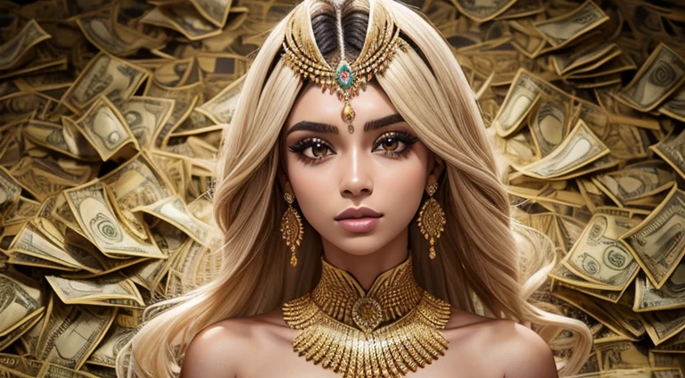 flood of dollar bills, mulher chique, vestido dourado comprido, seios grandes, rosto mal e bonito, cabelo preto, olhos azuissorrindo, cara de safada. Moedas de ouro flutuando. Em volta desta mulher ambiciosa.