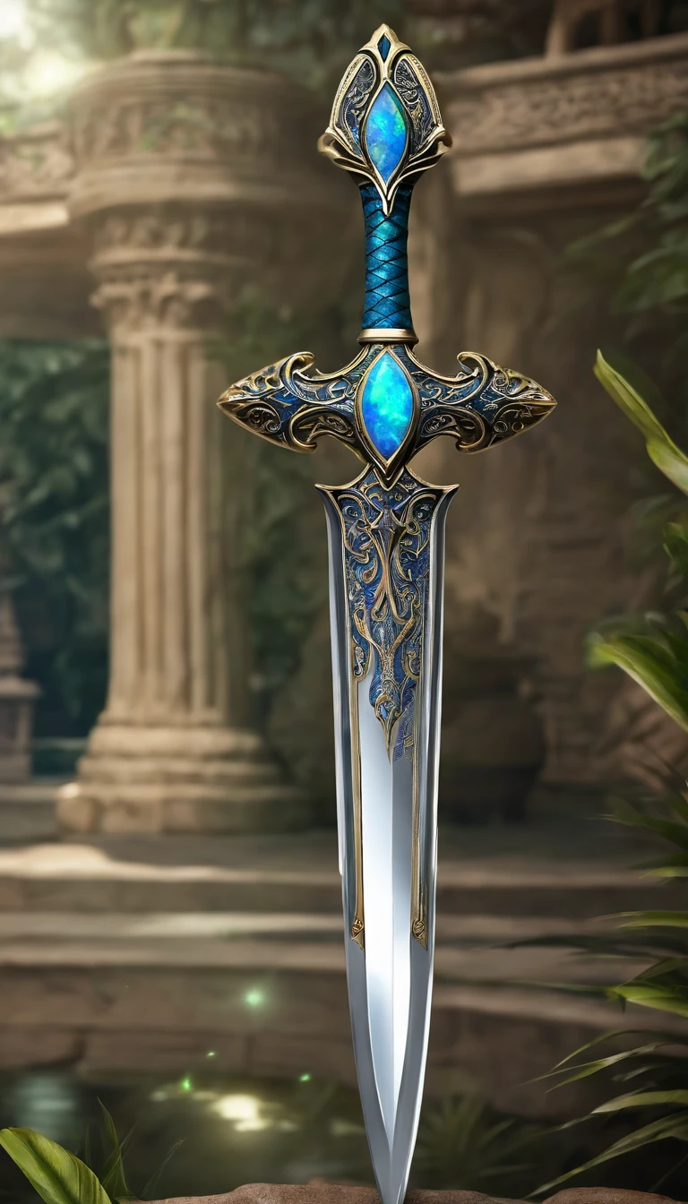 Excalibur, Delicate mango, Exquisite sword blade，well decorated,（((The blade is designed with blue opal and light green particle effect shaped patterns..：1.3))), Should, (The sword body is symmetrically decorated:1.3), (The entire Excalibur blade is centered:1.3), Mid-range close-up,（general outline:1.3),（Fantastic landscape painting:1.2), hyperrealistic photo, ultradetailed, 8K, Premium wallpapers, Highest image quality, ..。.。.3D,c4d, tmasterpiece, Render by Octane