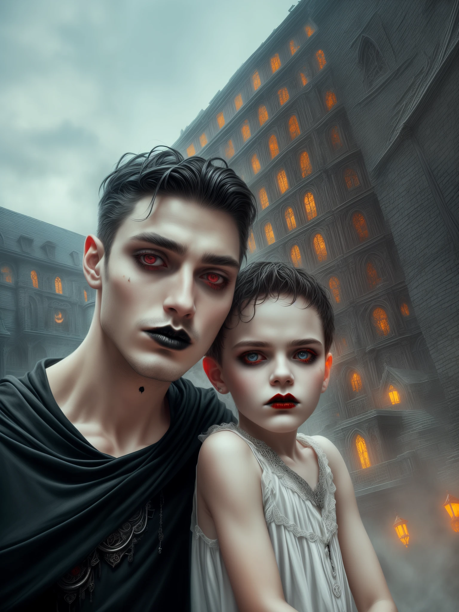 there is a man and a boy that are standing together,(masterpiece),(vampire),(unrivalled quality:1.4), ultra-high resolution,hyperrealistic, dark fantasy portrait, (sharp focus:1.1), photo of a vampire,gothic horror vibes, Guweiz-style art, dark fantasy mixed with realism, gothic aesthetic, gothic art style,HalloweenGlowStyle,red eyes,black lips,