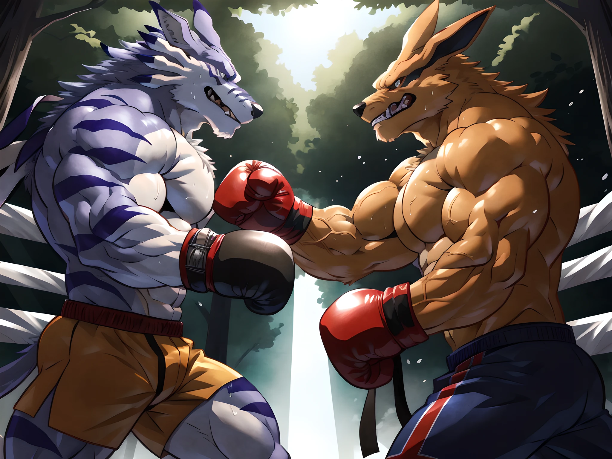 ultra quality:1.4, 4k, high resolution, best quality, color, smooth comics style, takemoto_arashi style, wfa style, two characters, kurama:1.1, weregarurumon:1.1, kurama and weregarurumon boxing, muscles:1, heavyweight, massive build, vascular veins, anime martial arts, sweat:1.2, strong:1, masculine, (boxing ring in a forest), fighting:1 scene, punching, throwing blows, dynamic:1 scene, punching chest, (wearing boxing gloves, detailed boxing gloves:1.1), detailed, detailed face, detailed eyes