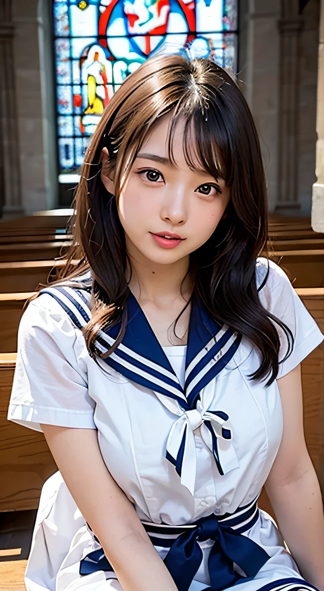 (Two schoolgirls)、Beautiful 18 year old Japan woman, (Two high school girls in short-sleeved white sailor suits:1.5), Japan strict girls' school sailor uniform, (Two schoolgirls sitting in a church pews:1.5), Beautiful and elaborate stained glass on the background, 1screen, in 8K, RAW shot, top quality photo, masterpiece, Amazing realism photos, Anatomically correct proportions, perfectly proportions, Cute woman like an idol in Japan, Detailed face, Detailed eyes, Narrow Nose, Detailed hands and fingers , detailed arms, Detailed skin, Detailed legs, short torso, Slender body, shiny long hair, Big breasts that seem to break through the uniform, Body Fit Sailor Suit、(High school girls staring at each other:1.5)、Schoolgirl with long and short hair、Two amazing-looking women, Kiss passionately, Lips touch, tightly hugging,lesbian, Lustful