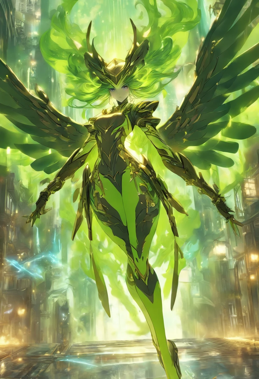 Chinese ink style，Steampunk world，Carved steampunk warframe girl，giant mechanical wings，Jet steam is suspended in the city air，Ink animation art，Ink comic art，water ink，ink，soiled，8K，Delicately portrayed，Works of masters，greenish tinge