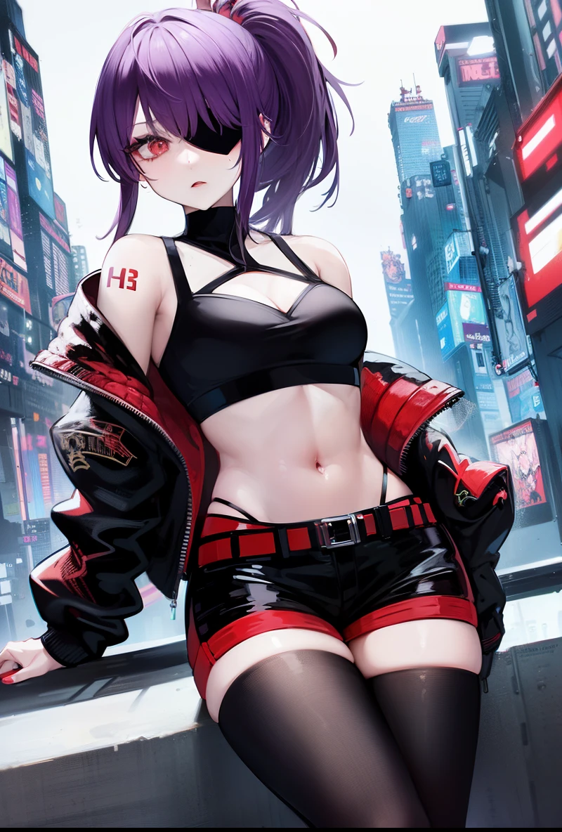 Young girl with black hair, red highlights, purple eyes, cyberpunk navel-baring outfit, high-quality masterpiece, long legs