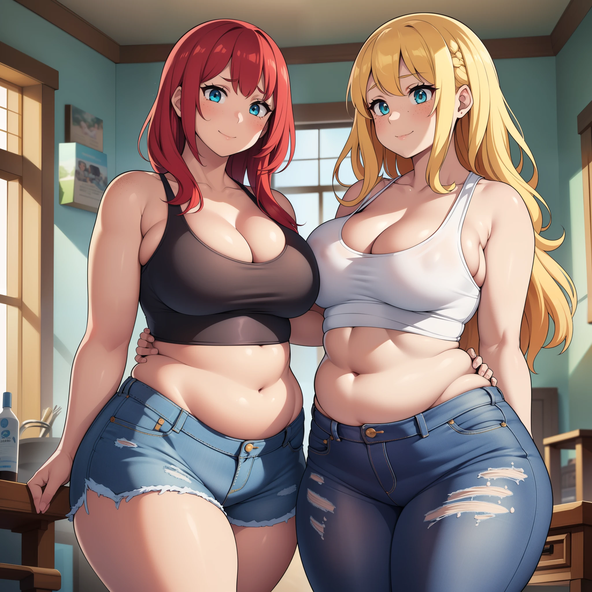 ((high res)), (Masterpiece), perfect anatomy, perfect shading, field of depth, (best quality), extremely delicate and beautiful, perfect lighting, detailed face, ultra cute face, cute, (cowboy shot 1.2), full body, (((2girls))), ((2 girls 1 and 2))

Girl 1: has long hair, fluffy hair, blonde hair, blue eyes, (blush), embarrassed, (crop top 1.2), (jean shorts 1.2), extremely tight clothes, medium breasts, cleavage, perky breasts, ((wide hips)), (thick thighs), (chubby), pudgy belly, fat rolls, belly hang,

Girl 2: has short hair, fluffy hair, red hair, green eyes, freckles, smile, pale skin, (white tank top 1.2), (jeans 1.2), extremely tight clothes, medium breasts, cleavage, perky breasts, (((wide hips))), ((thick thighs)), (plump), chubby belly, fat rolls, belly hang, she has a jiggly belly,

living room, intricate background, detailed background, girls are standing next to each other, ((belly grab 1.2)),