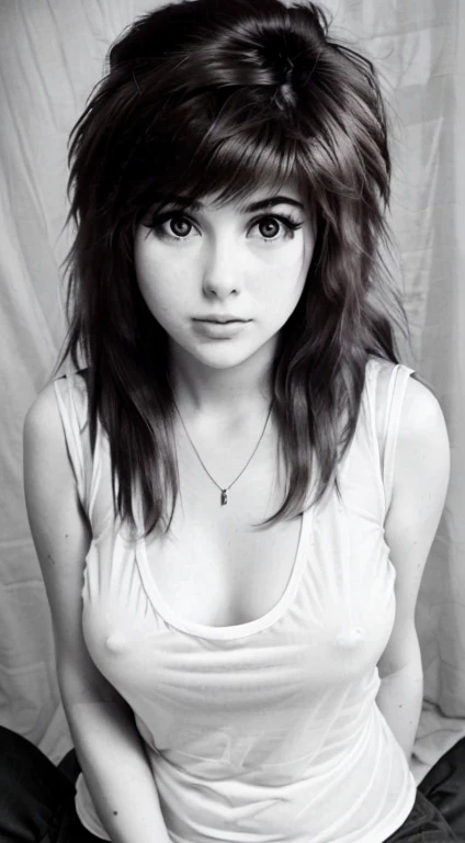 Realistic 80s photo on monochrome film; young plump Russian woman 38 years old, beautiful proportional round face, round cheeks, Round chin, Big shiny brown eyes, small snub-nose, eyeglasses, parted sensual lips, Serious, Tired look, calm pleasant smile, medium length brown thick tousled hair (80s punk hairstyle); short plump body(beautiful fullness), very small breasts with large nipples (Nipple erection), without underwear, White translucent silk shirt with a loose fit and top button undone........, A tired look at the camera, (upper-body), natural light; Monochrome image