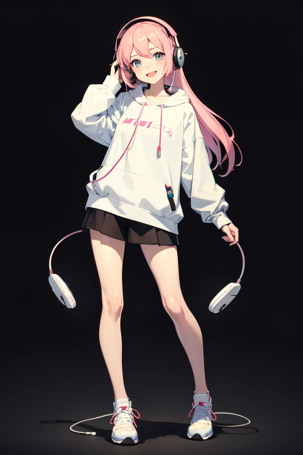 a happy animated girl with headphones on listening to lofi songs, full body