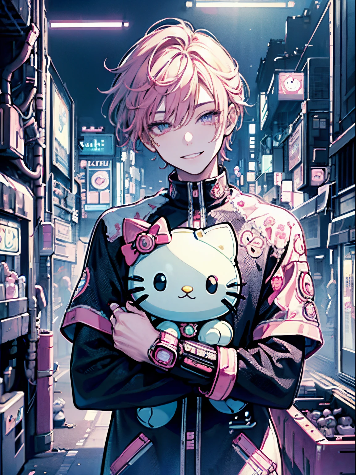 best quality, 4K wallpaper, masterpiece, extremely detailed CG unity 8k wallpaper, extremely detailed eyes, ultra-detailed, intricate details, 
1 man, scifi, (h1c4tt3ch, hugging hello kitty doll, cyberpunk, neon city happy, smile, hello kitty, dynamic pose