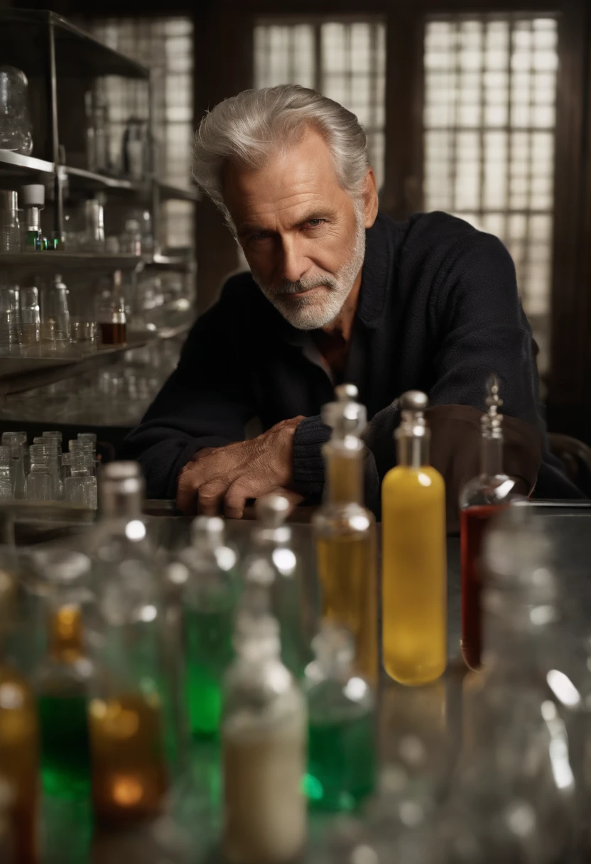 The image is of a meticulously arranged set of glass syringes and vials, filled with different colored liquids, placed on a sterile metal tray in a dimly lit laboratory.,Saw series,Kramer is an older man with a gaunt, pallid complexion, accentuated by his battle with cancer. His thinning, grey hair and deeply lined face reflect his age and the toll of his illness. He often dresses plainly, in simple, unassuming clothes that contrast sharply with the elaborate nature of his traps. Even as his health declines, there’s a resilience in his eyes, a testament to his unwavering commitment to his twisted mission., male