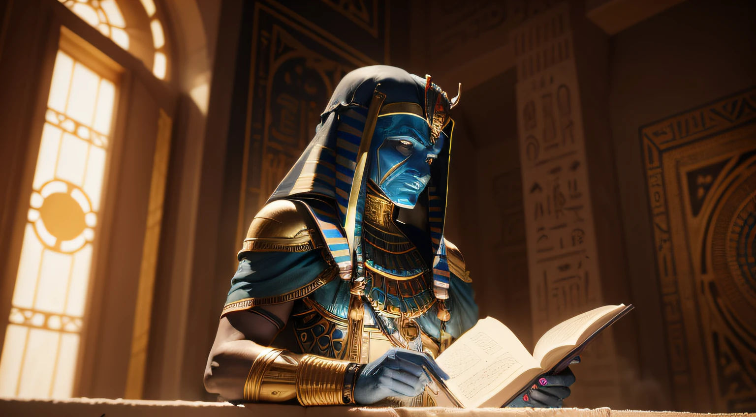biomachine:1.3, (Egyptian Thoth, with a quill in one hand and a papira in the other), (colorido:1.2), Hans Giger, granulado, extremamente detalhado, detalhes intrincados, dynamic lighting, fotorrealista, luz natural, baixo h, obra prima, detalhado 8k