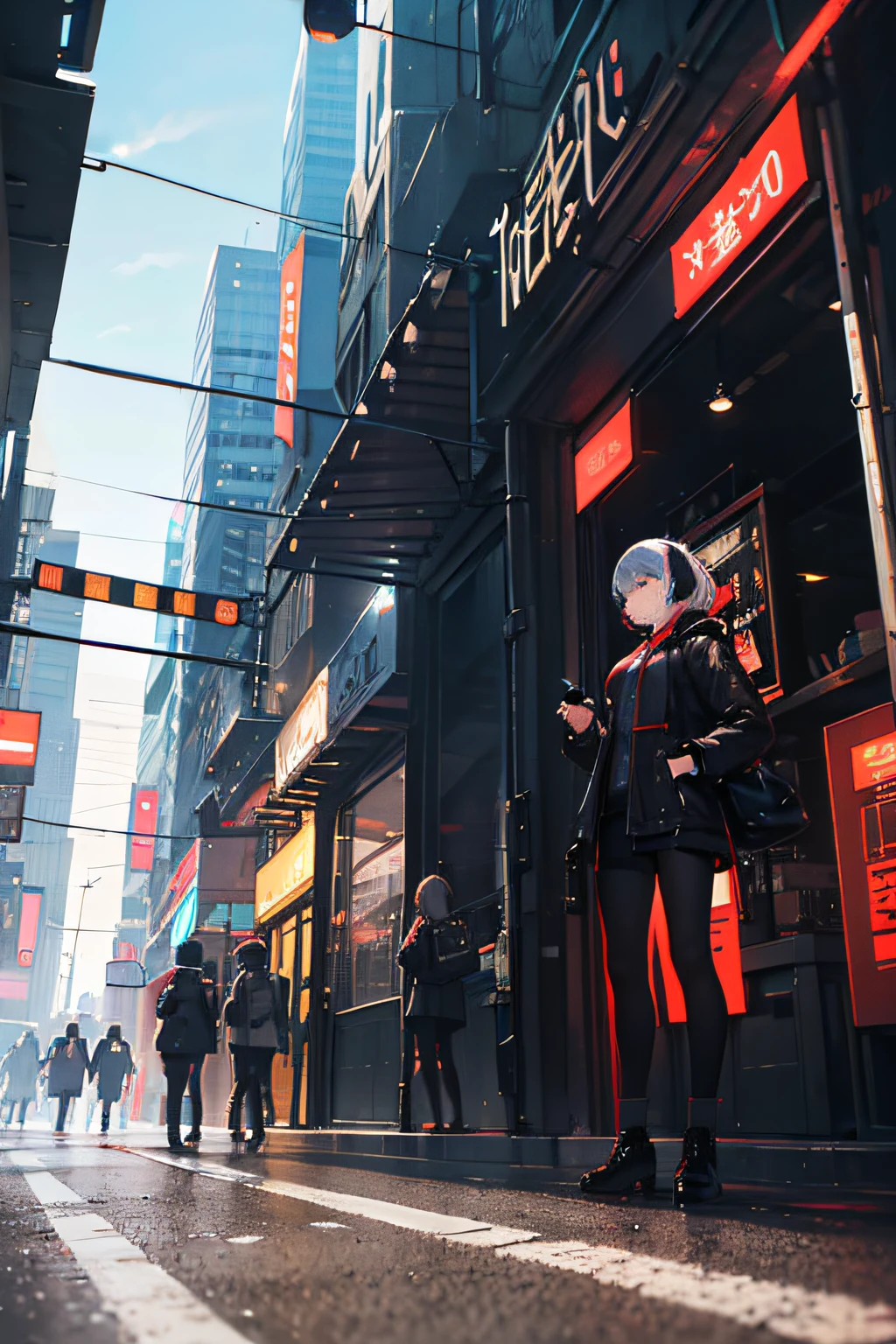 Crowded, Many people, main character in the center, The main character stands still, The main character peeking out from the crowd, city, persona art, one-point perspective
