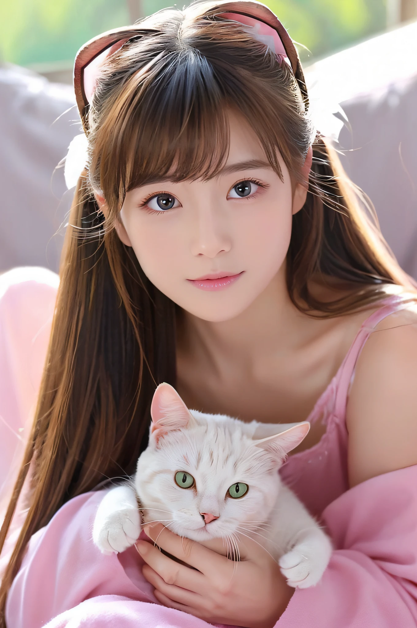 angelicales、girl with、Cat's ears、beckoning cat、beautidful eyes、his face is staring straight at me.、Front-facing body、I have an angel ring、pink back ground、