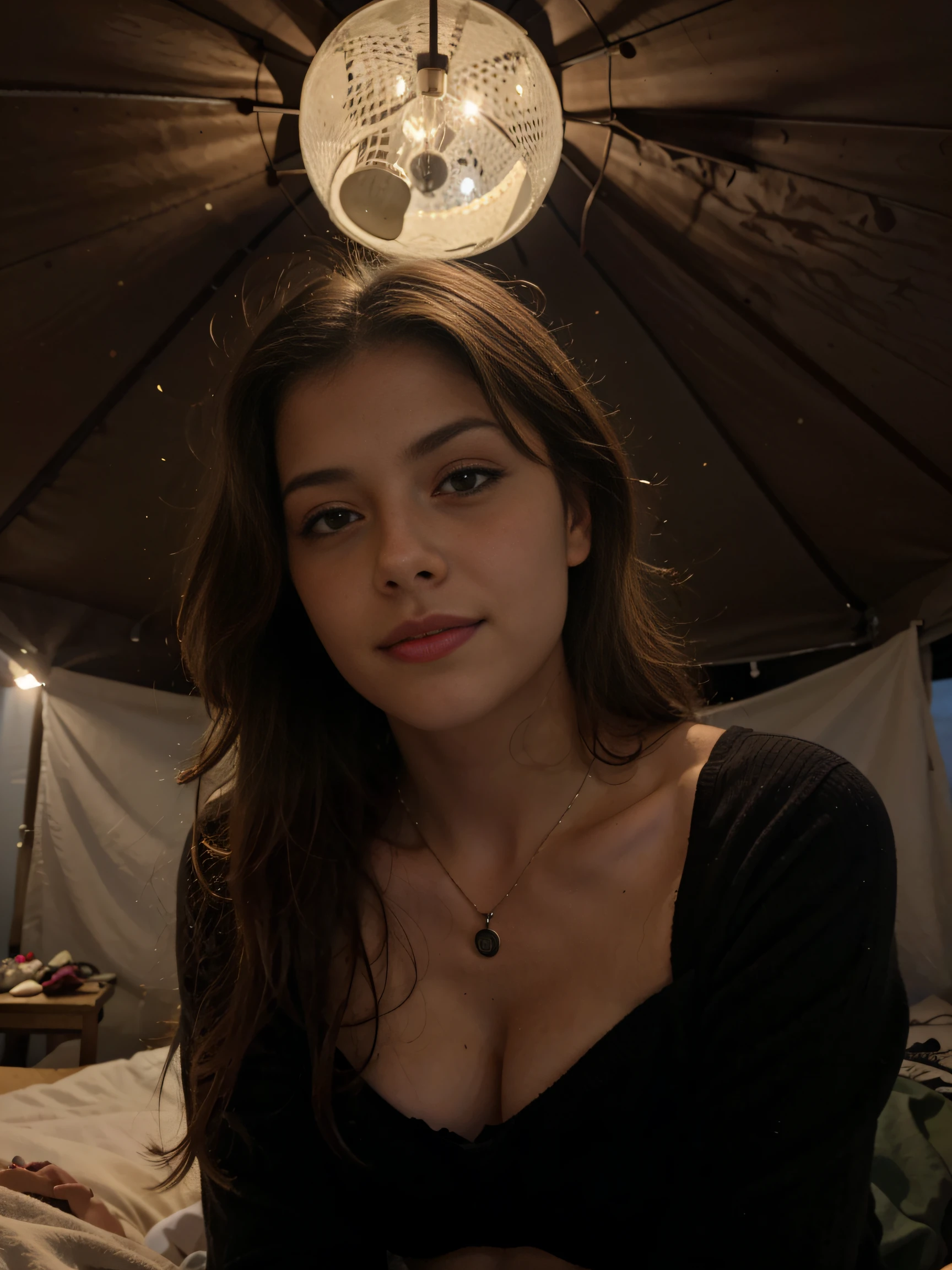 1 Frau, Amerikaner, beautiful, ((upper body selfie, happy)), Dreharbeiten im Zelt, beautiful backlight, Open Tent Sign,Meisterwerk, best quality, Ultra-detailliert, nur, al fresco, (Nacht), Gebirge, Natur, (Stern, Der Mond) heiter, happy,, Kuschelig im Schlafsack, Im Inneren des Zeltes, When you open the tent, Outside you can see some nice riders.., Wald, Felsformationen, Rivers, Holz, Rauch, schattenhaft, Kontrast, Klarer Himmel, Analoger Stil (Blick auf den Betrachter:1.2) (Hautstruktur) (Filmkorn:1.3), (Warmer Farbton, Warmer Ton:1.2), nahaufnahme, Filmisches Licht, Seitenbeleuchtung, Die Ultra-Highres, Beste Schatten, ...RAW, upper half body, Pullover tragen, Entspannte und intime Fotos, braune Haare