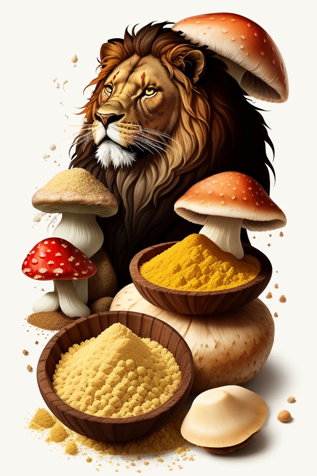 Generate a colage of artwork that promotes Lion's Mane Mushroom Powder for using on tiktok. Including brain fog and incresed energy levels