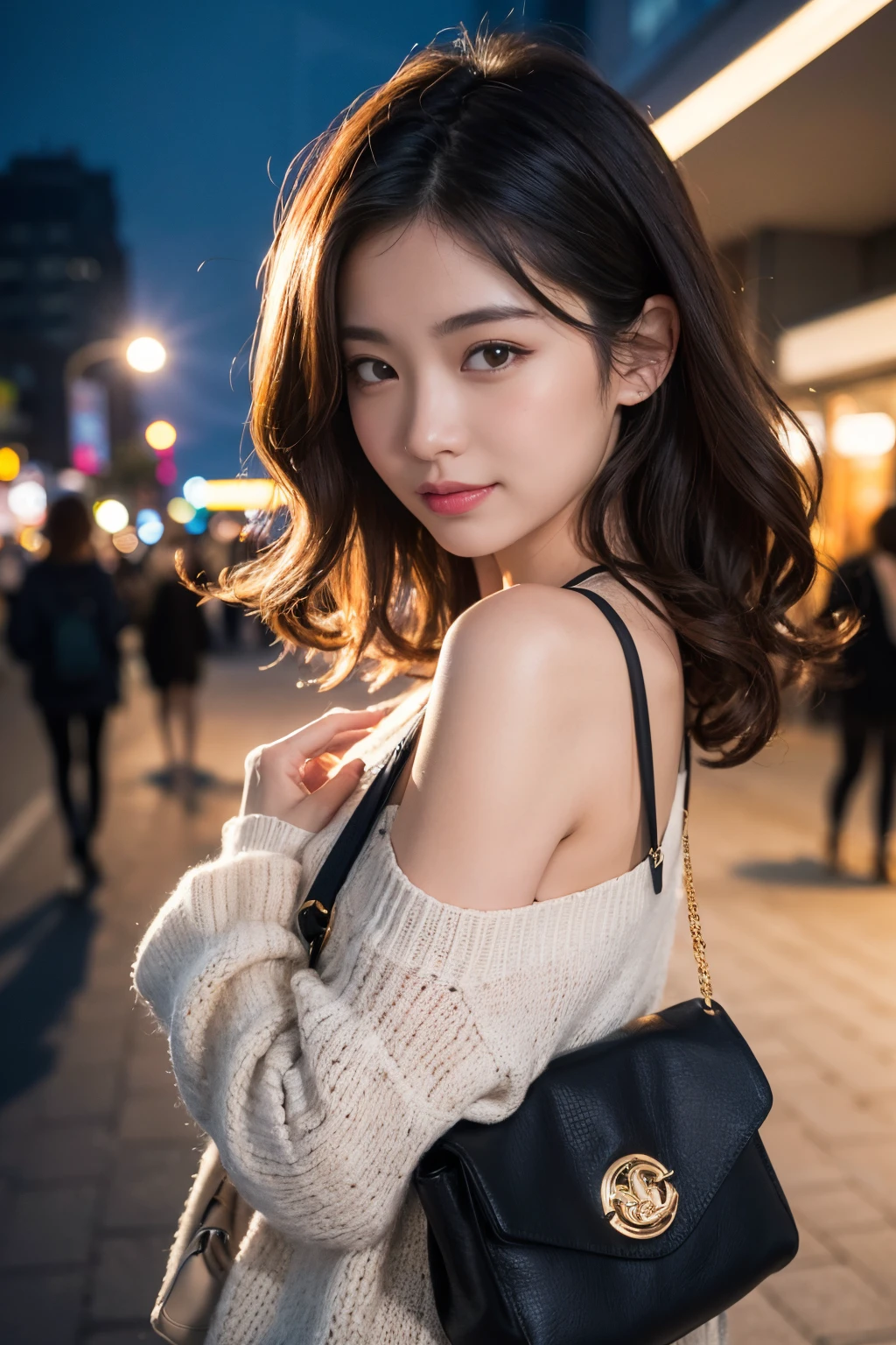 (8K,Raw photo、Raw photo、top-quality、Master masterpiece:1.2)、ultra-detailliert、Super Resolution、(Photorealsitic:1.3)、Angle to shoot from the front、Clearly draw shades of light、high resolution RAW color photos、professional photograpy、Same skin type as humans、Female proofreading of Japan from head to waist、Blur the background、Draws faithfully to anatomy、Very detailed and beautiful、Ultra-high image quality、long、Hair swaying and sexy、Very detailed beautiful girl、（Pink Eye Shadow）、smil、Plain clothe、nighttime scene、natta、Rainbow Bridge、Loosely curly hair、Sweaters、Shoulder Bag、