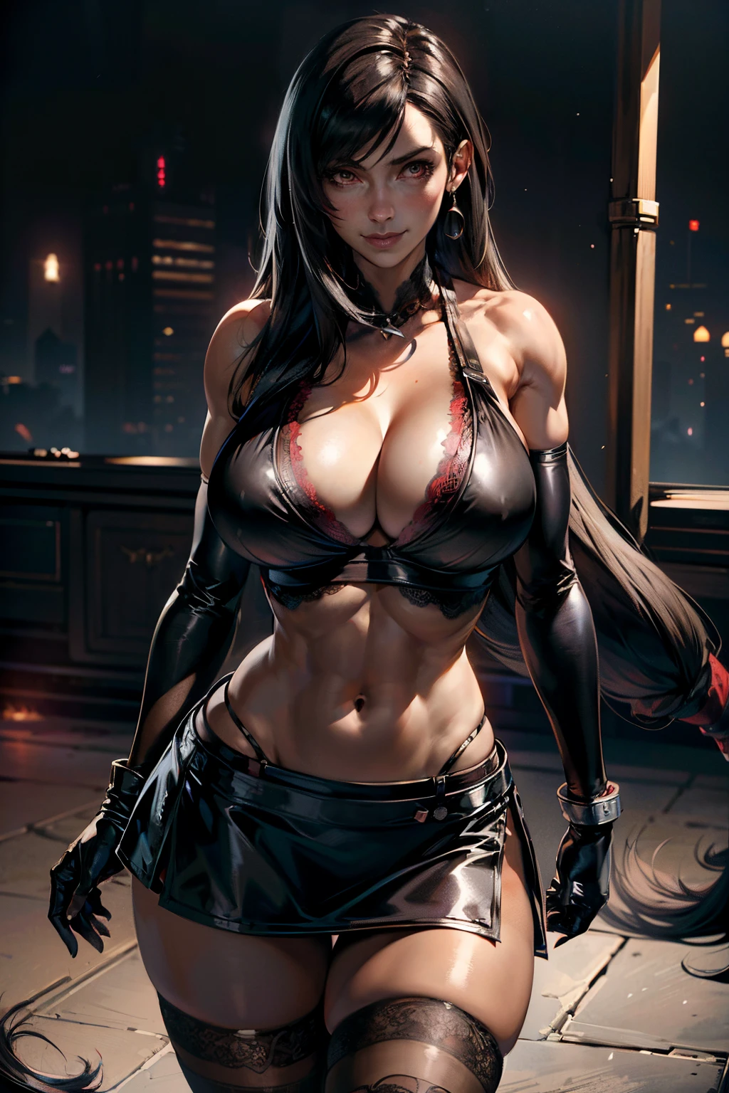 (8k, best quality, masterpiece:1.2), (realistic, photo-realistic:1.37), (full body), standing, legs apart, (wide stance) standing contrapposto, ultra-detailed, 1 girl,cute, solo, (tifa lockhart), (huge breasts:1.5), (beautiful detailed eyes), (smile:1.2), (closed mouth), sharp focus, depth of field, good composition, Final Fantasy VII, black hair, very long straight hair, hair bang, ((red_eyes)), intricate, bokeh, (Tetsuya Nomura style), white lace bra, black miniskirt, long gloves, lace stockings, garters, toned body, athletic, thick thighs, wide hips, thin waist, toned arms, exposed abdomen, view from front, white background