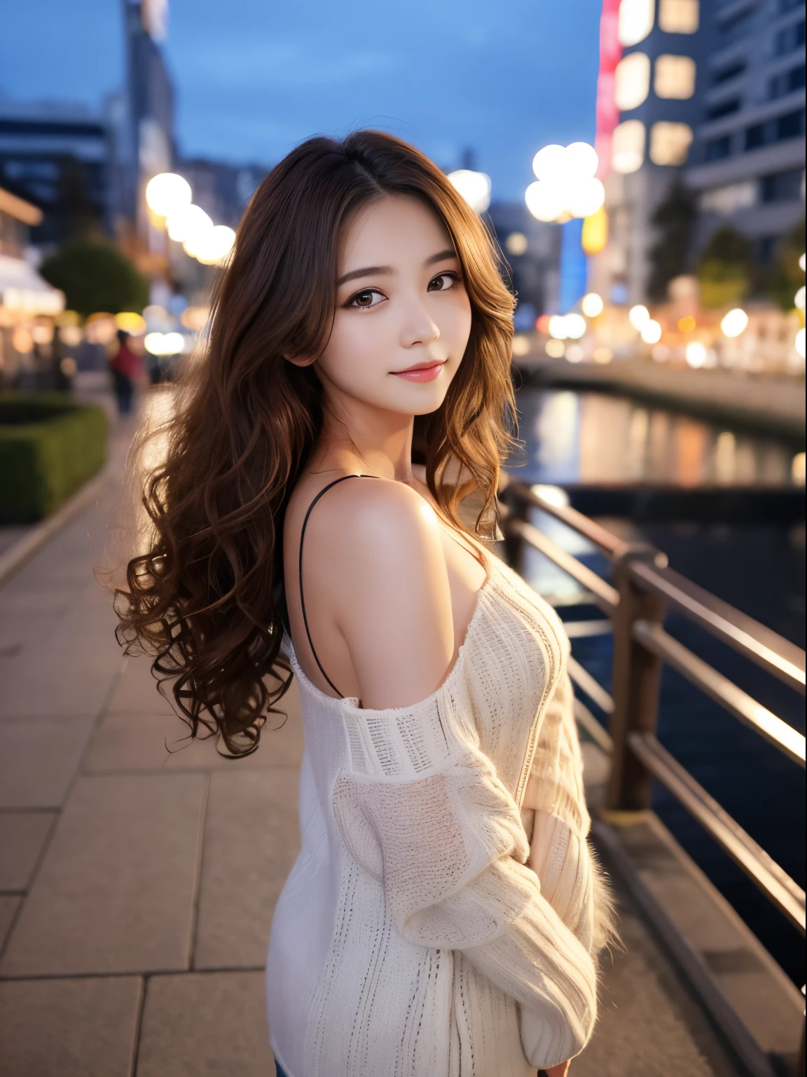 best qualtiy，tmasterpiece，超A high resolution，RAW photogr，1girl in，Loose perm hair、long、Brown hair、arms in arms、japanes、Loose perm hair、long、Brown hair、smil、arms in arms、professional photograpy、Same skin type as humans、Female proofreading of Japan from head to foot、Blur the background、Draws faithfully to anatomy、Very detailed and beautiful、Ultra-high image quality、long、Hair swaying and sexy、Very detailed beautiful girl、Hair to the shoulders、Sweaters、nigh sky、Rainbow Bridge、nighttime scene、耳环、