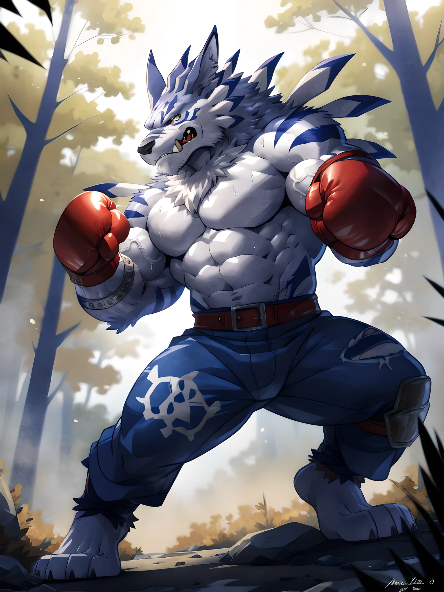 ultra quality:1.4, 4k, high resolution, best quality, color, smooth comics style, takemoto_arashi style, wfa style, solo, weregarurumon:1.0, muscles:1, heavyweight, massive build, vascular veins, anime martial arts, sweat:1.2, strong:1, masculine, (in a forest), fighting scene, dynamic scene, (wearing boxing gloves, detailed boxing gloves:1.1), detailed, detailed face, detailed eyes