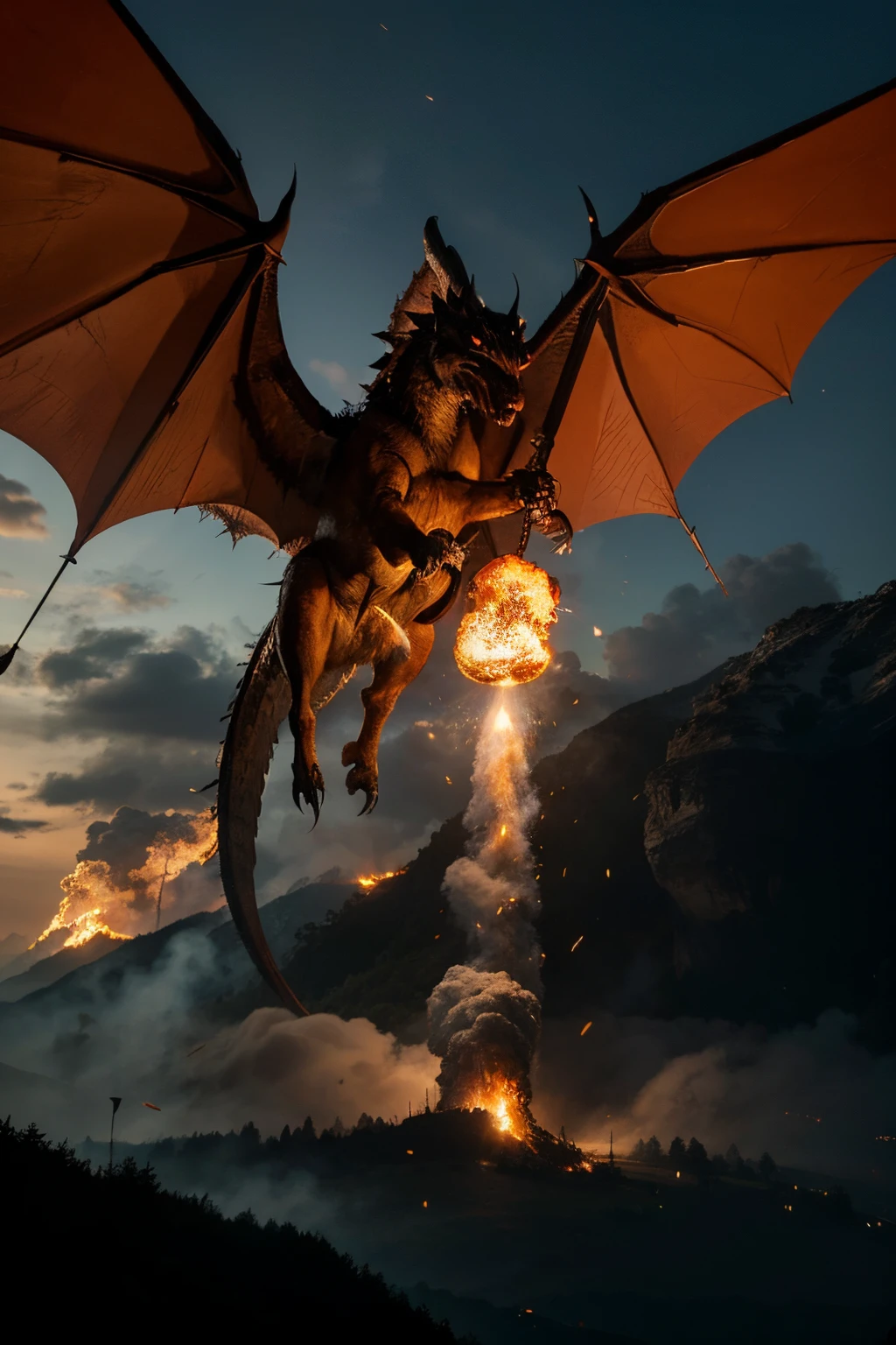 Ein Feuerdrache , large, dangerous in detail, echt aussehend, Schlacht im Hintergrund
