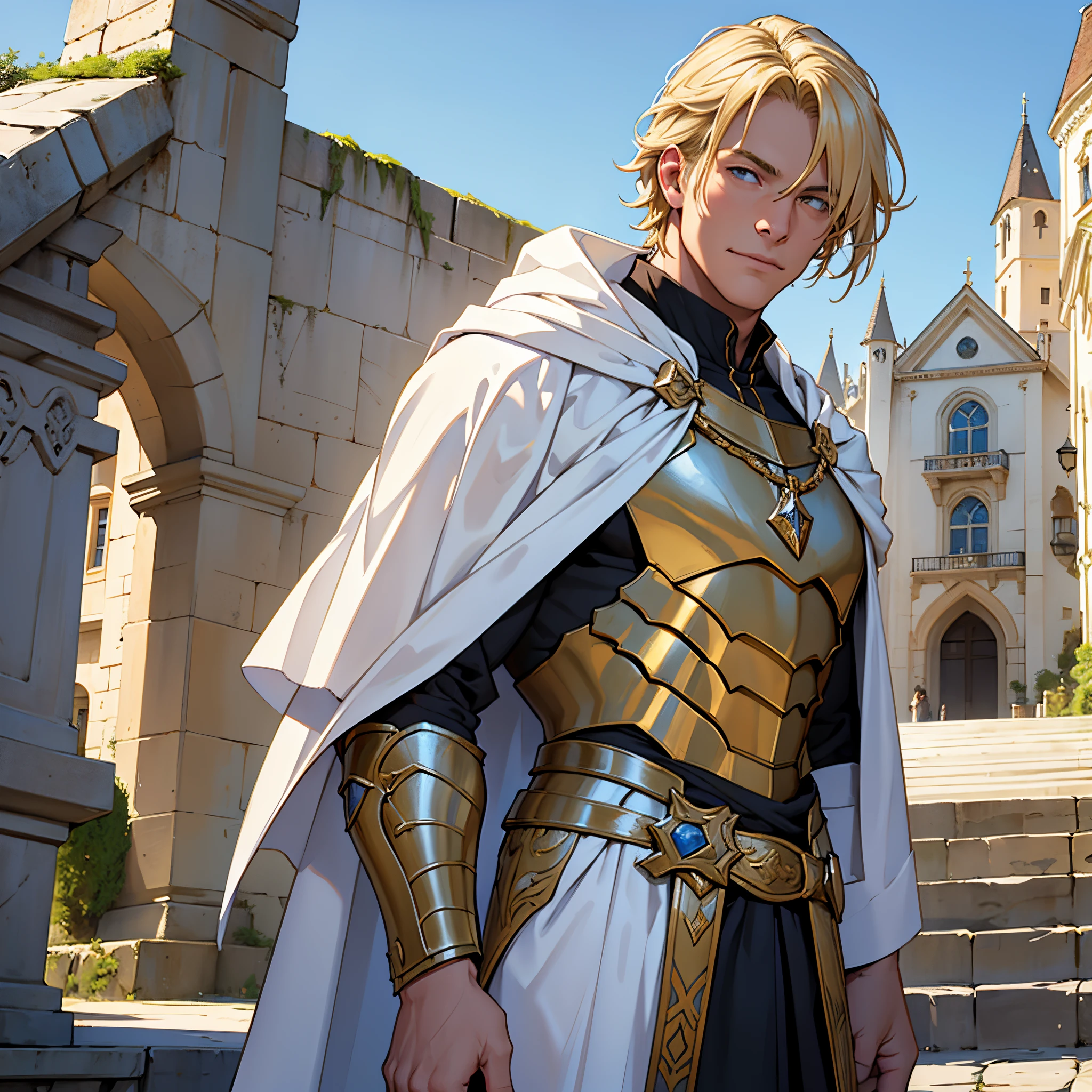​masterpiece, Best Quality, 4k, Very detailed, Close-up of a person&#39;Upper body body, Background with:In front of the stairs of a medieval castle built on a lake,  He is a blond middle-aged man wearing golden armor and a white cape...