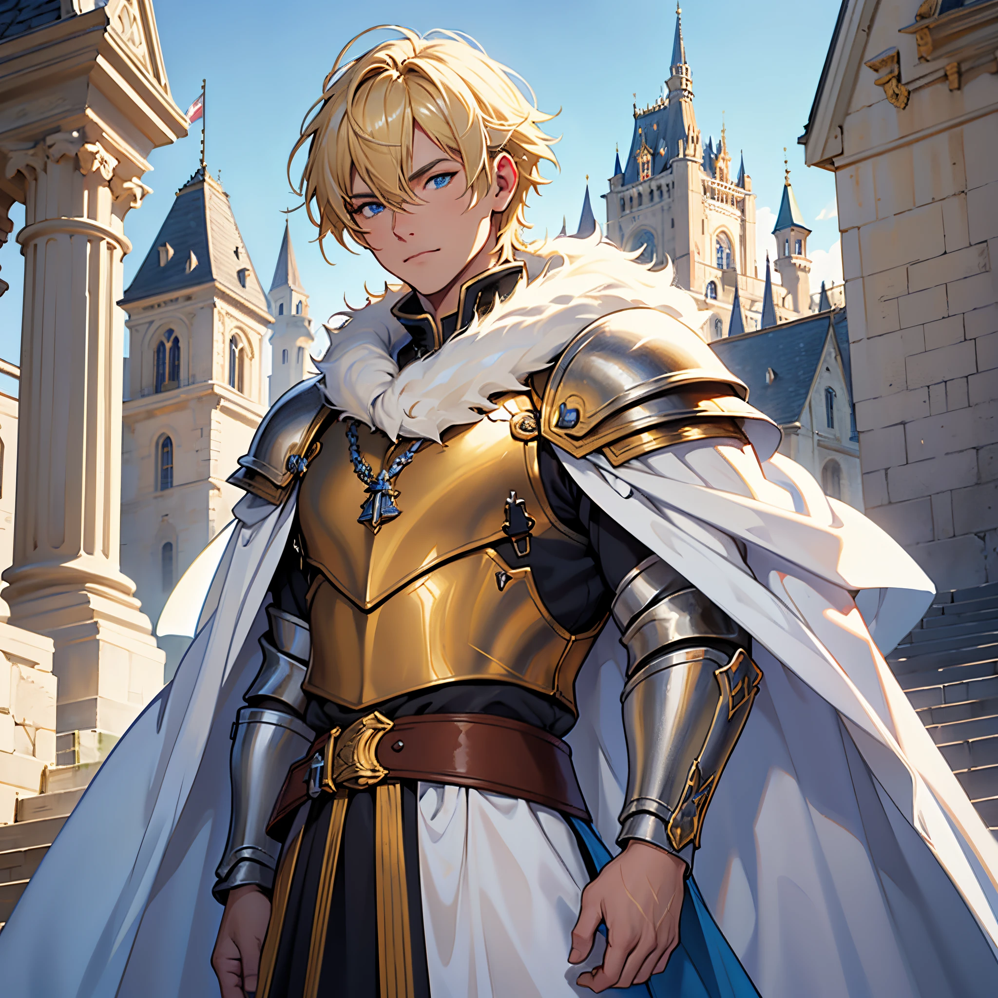 masterpiece, Best Quality, 4k, Very detailed, Close-up of a person'Upper body body, Background with:In front of the golden medieval castle stairs built on the lake, One knight wearing a white cloak with fur over golden armor, Blonde very short hair, Blue Eyes