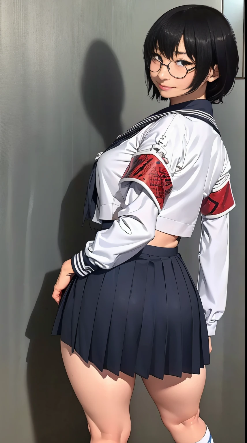Suzuka, Atarashii gakko, black hair, glasses, white seifuku sleeved shirt, breasts, medium skirt, ass clenched, wedgie, socks, light blue ballet shoes, wallpaper, pinup, glancing, back of view, city background, lewd pose, bubble butt, full image
