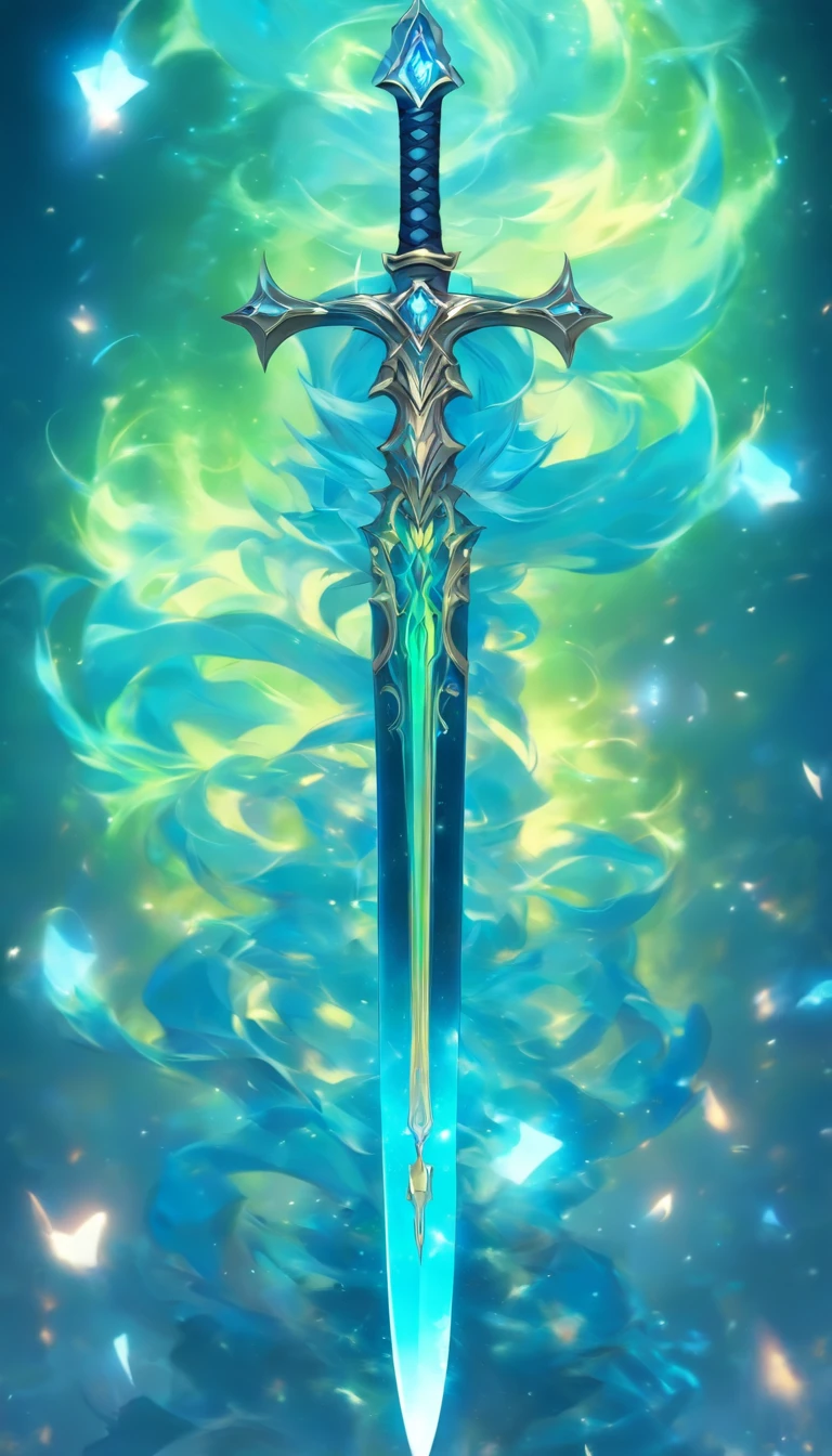 Excalibur, Delicate mango, Exquisite sword blade,well decorated,(((The blade is designed with blue opal and light green particle effect shaped patterns..:1.3))), Should, (The sword body is symmetrically decorated:1.3), (The entire Excalibur blade is centered:1.3), Mid-range close-up,(general outline:1.3),(Fantastic landscape painting:1.2), hyperrealistic photo, ultradetailed, 8K, Premium wallpapers, Highest image quality, ..。.。.3D,c4d, tmasterpiece, Render by Octane