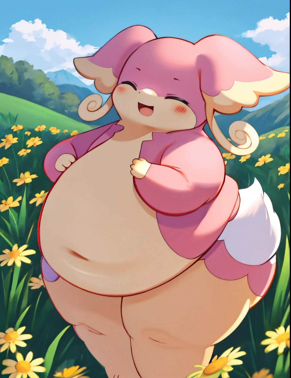 (masterpiece, best quality, highres, ultra detailed:1.2), (solo, no humans, cowboy shot), fat audino, obese pokemon (creature), closed eyes, pink fur, tail, smile, open mouth, cute pose, (blue sky, meadow, daisies, detailed background:1.1)