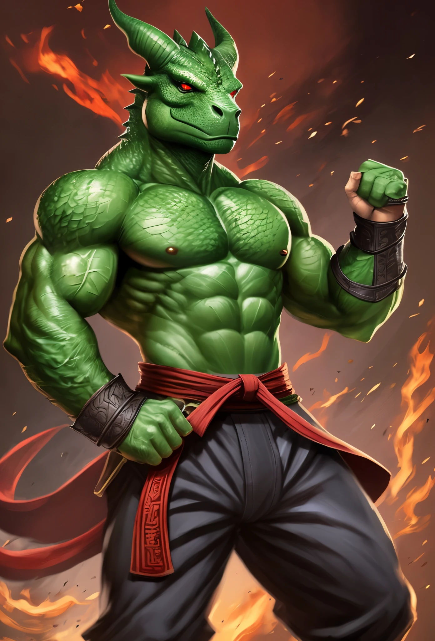 Green dragonborn with red eyes, muscular body, martial artist,mistyc powers, rpg style, with pants of kung fu --auto --s2