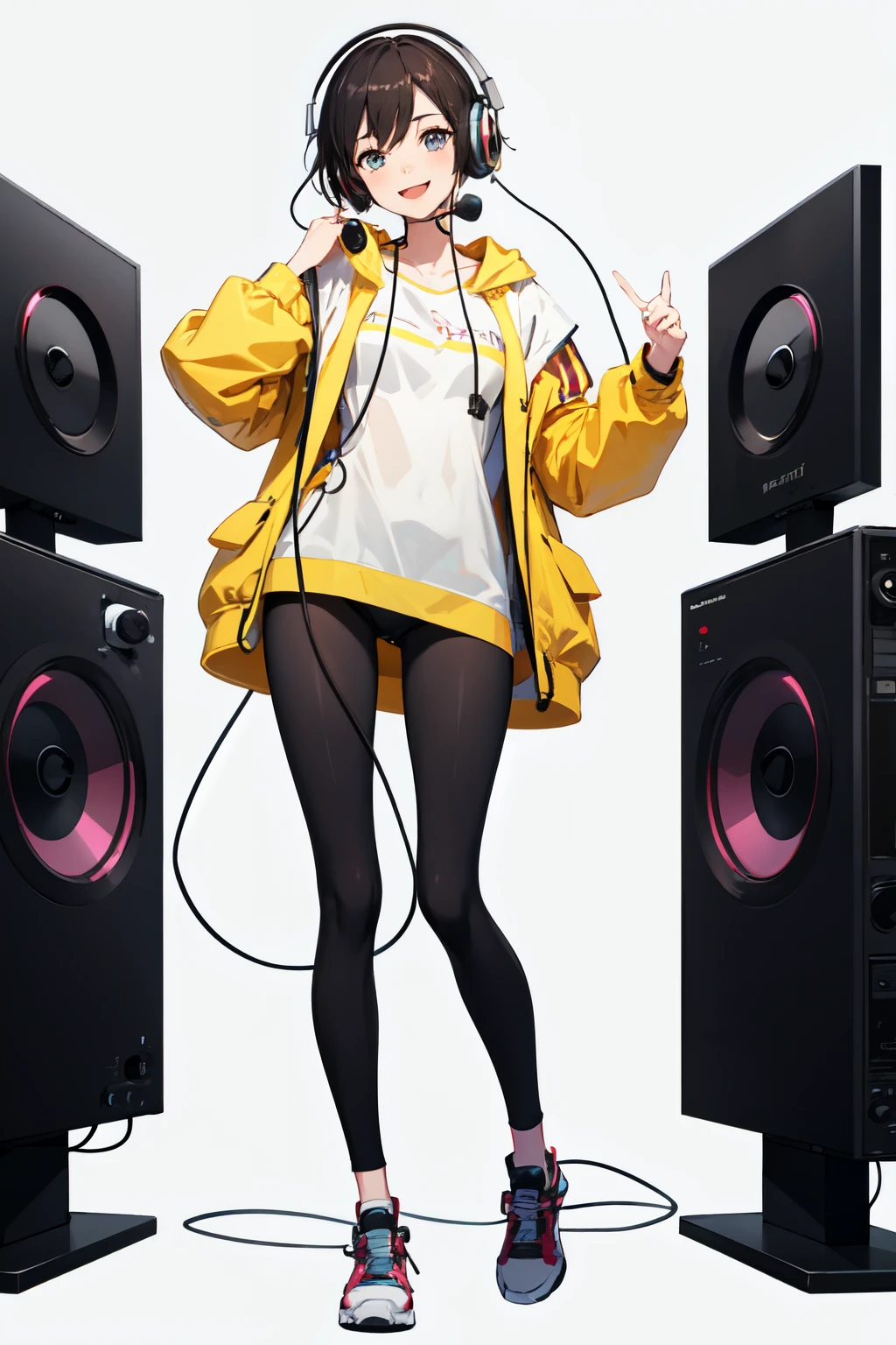 a happy animated girl with headphones on listening to lofi songs, full body