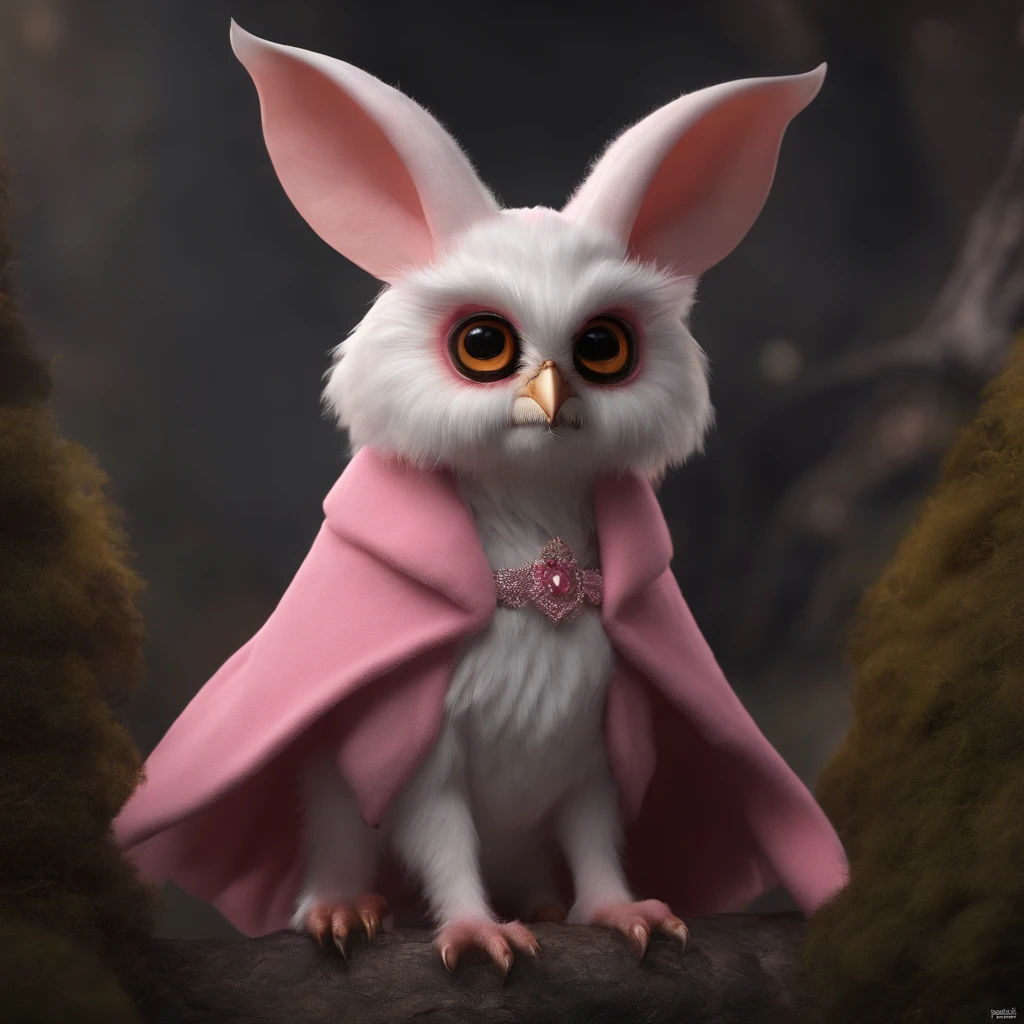 gremlin, like an owl, Huge eyes, large ears, horns near the ears, big carrot in paws, white and pink fur, short tail, pink wool coat, The clothes, Best Quality, Masterpiece, in style of dark fantasy art