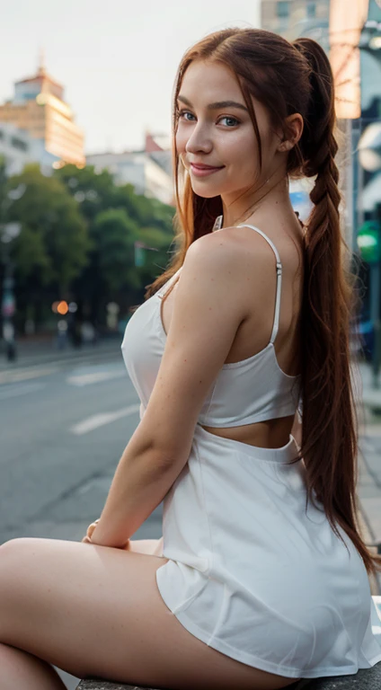 "A Ukrainian girl, 18 years old, with a long red hair tied in a ponytail,her has dark green eyes, Beautiful lighting, RAW photo, 8k uhd, ((bokeh)), in the moscow city, bright day, full body, pose: erotically smile and one eye closed and tongue out, wearing sexy low-cut dress, sitting in the brand new bmw
