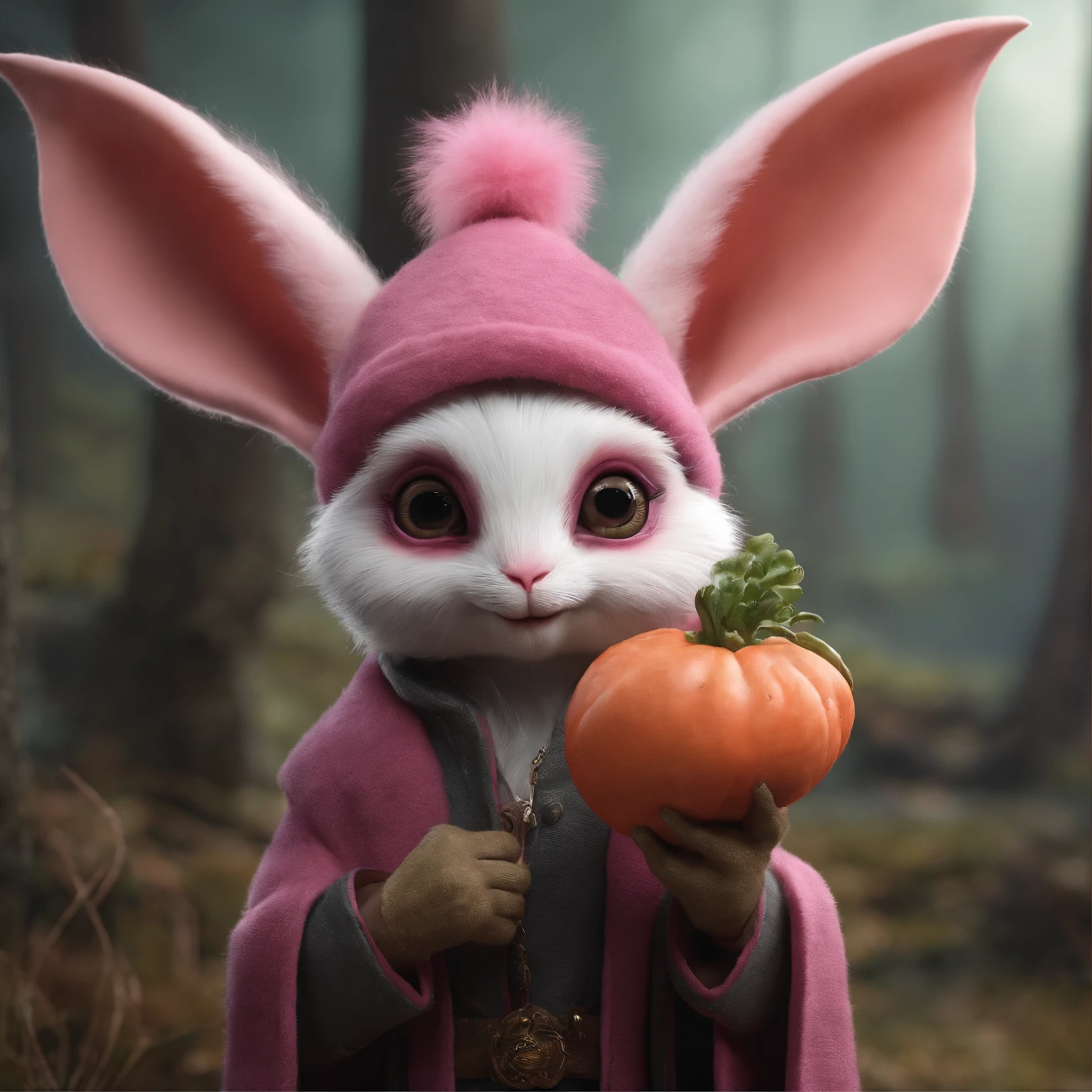 gremlin, like a rabbit, Huge eyes, large ears, horns near the ears, holding a carrot in his paws, white and pink fur, short tail, pink wool coat, The clothes, Best Quality, Masterpiece, in style of dark fantasy art