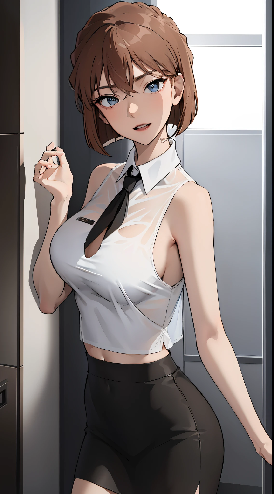 1个Giant Breast Girl, Brown hair,short detailed hair,eBlue eyes,full bodyesbian,Wearing a white shirt and black skirt，V-chest clothes, see-through cloth, Elegant and seductive posture, mesmerizing and seductive, stunning elegant pose, very attractive and beautiful, posing elegantly, Revealing stylish dresses, V-chest clothes, sheerness, Elegant and smooth body, Tempting, Clothing that exposes(tmasterpiece, Best quality at best, high qulity, A high resolution, ultra - detailed)