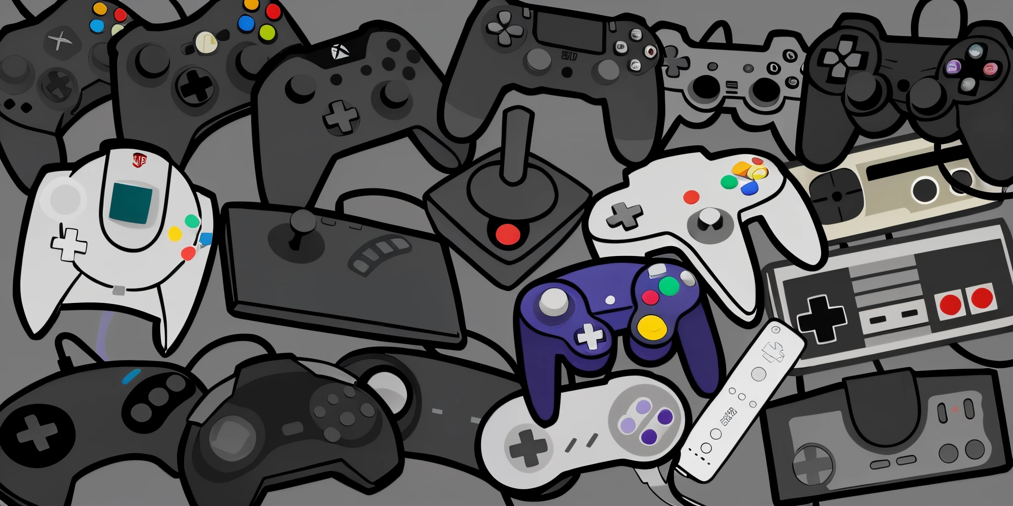 There are many different video game controllers and controllers, controller, video game fanart, video game control, video game console, Controller deck, Player aesthetics, video game digital art, Video game concept art, gamer themed, video game style, Video game concept art, Video game style, videogame art, Video games, Video game inspiration, video game art, Video games, videogame graphics,Colorful handles、Each handle has its own color style