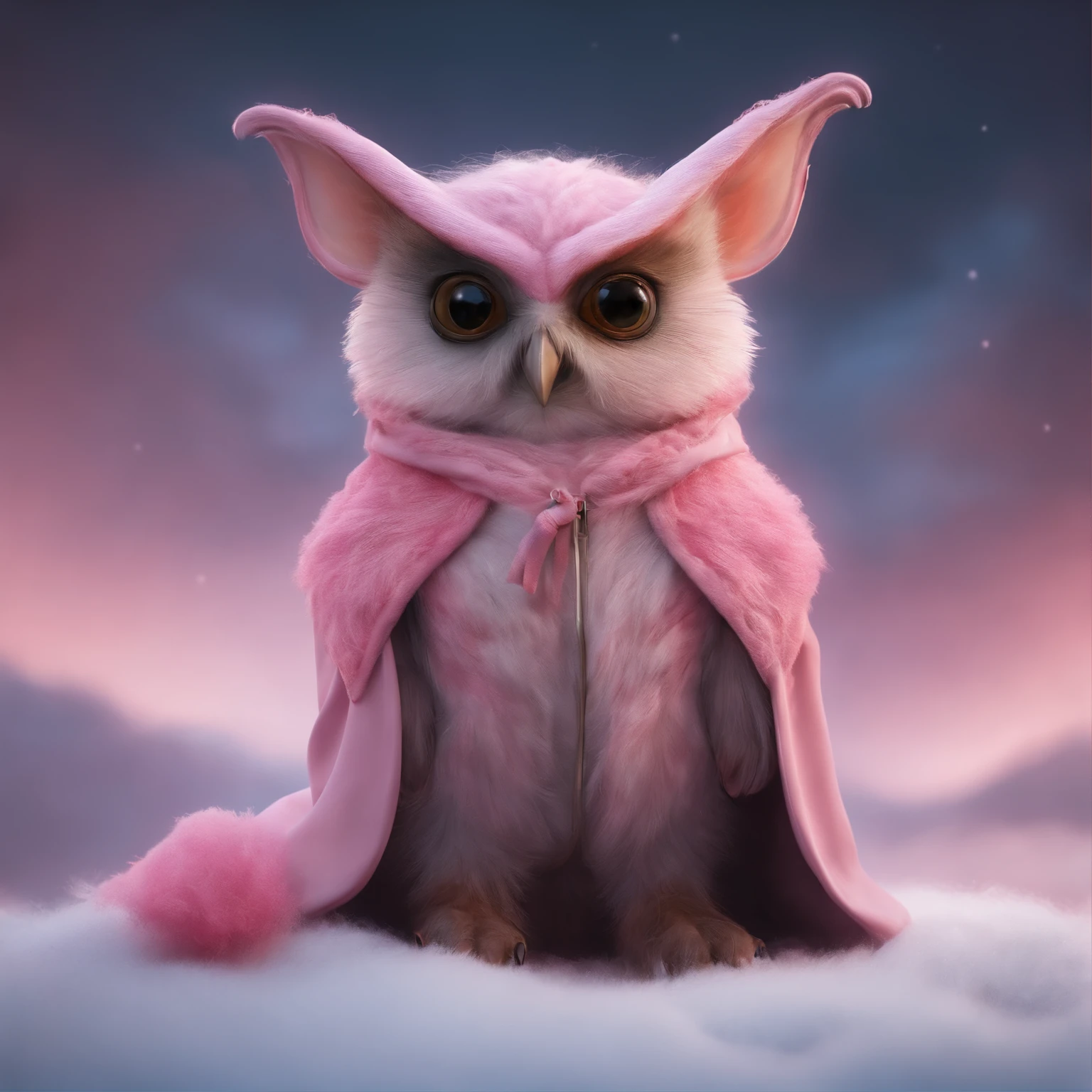 gremlin, like an owl, Huge eyes, large ears, horns near the ears, big carrot in paws, white and pink fur, short tail, pink wool coat, The clothes, Best Quality, Masterpiece, in style of dark fantasy art