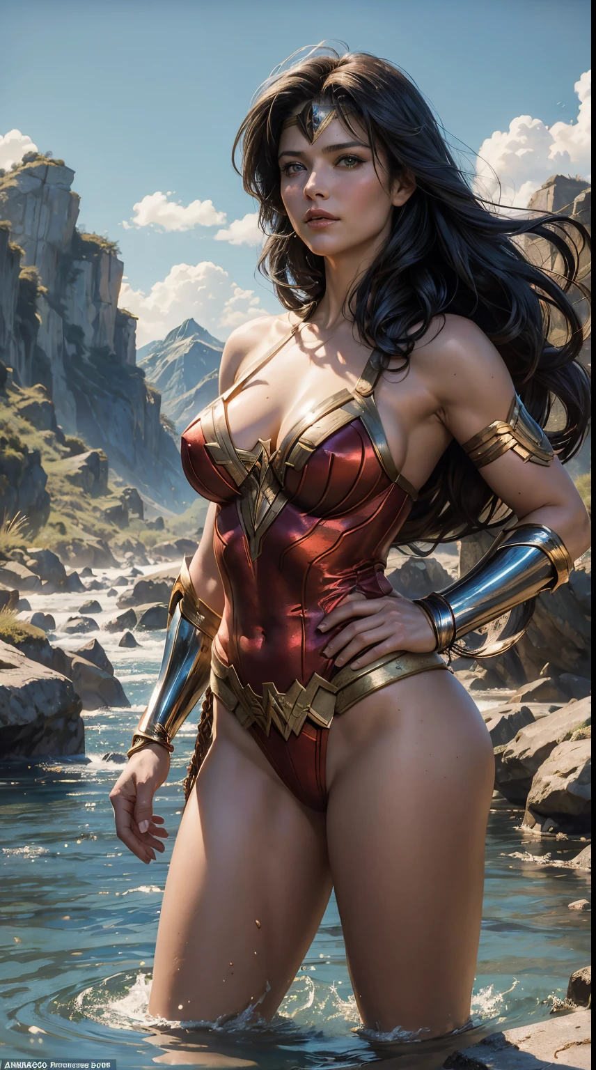 Art image of Lucy Lawless as Wonderwoman, busty, beautiful, long hair, ?????????????, completely ?????, standing in a river, mountains in background, upper body, front view, adequate evening sunlight on face, by Louis Royo, Boris Vallejo, Frank Frazetta
