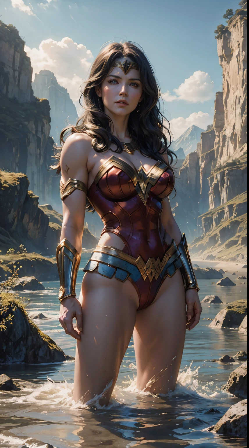 Art image of Lucy Lawless as Wonderwoman, busty, beautiful, long hair, large breasts, completely naked, standing in a river, mountains in background, upper body, front view, adequate evening sunlight on face, by Louis Royo, Boris Vallejo, Frank Frazetta