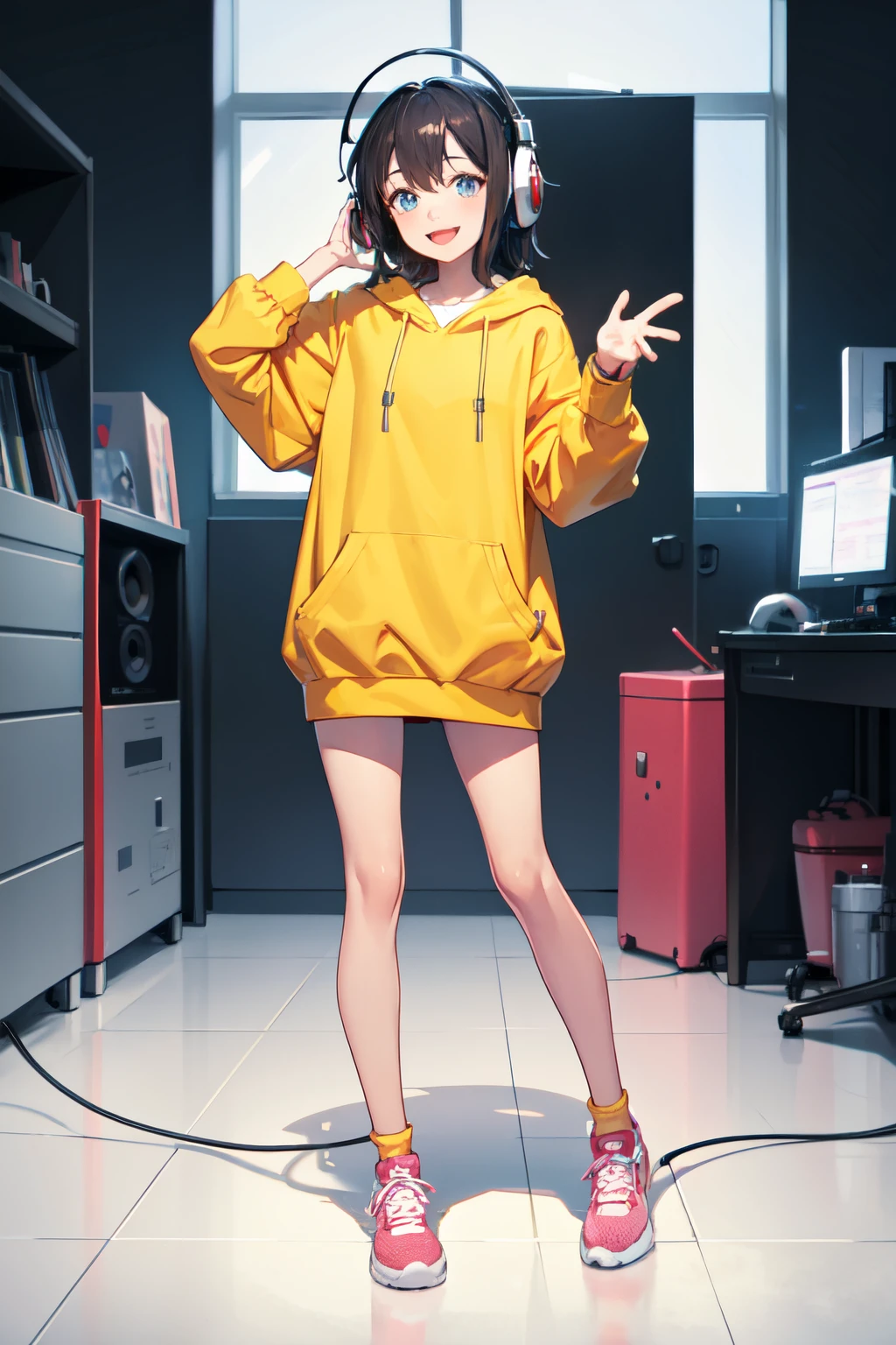 a happy animated girl with headphones on listening to lofi songs, full body