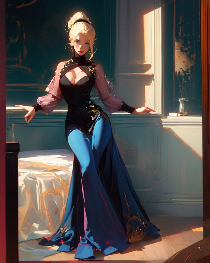 ((masterpiece:1.4)),UHD,Bokeh,((cinematic: 1.4)),shadow details,ligths details,((best quality:1.6)),contour,delineate,megapixel,VFX,CFX,1girl,transparent pink dress,sit on bed,window,coffe,blonde hair,ponytail,ornament hair,big blue eyes,curvy body,sexy body,delicate face,big breasts,70mm lenses