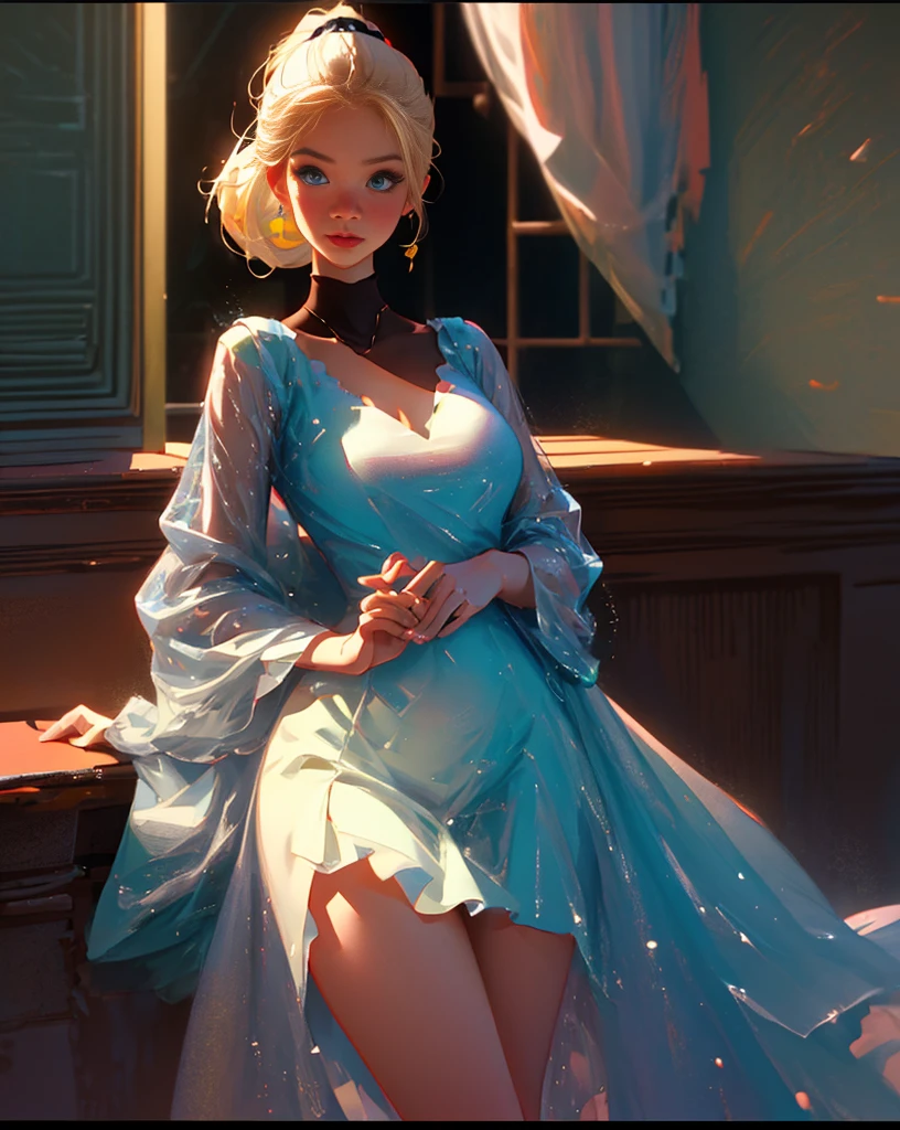 ((masterpiece:1.4)),UHD,Bokeh,((cinematic: 1.4)),shadow details,ligths details,((best quality:1.6)),contour,delineate,megapixel,VFX,CFX,1girl,transparent pink dress,sit on bed,window,coffe,blonde hair,ponytail,ornament hair,big blue eyes,curvy body,sexy body,delicate face,big breasts,70mm lenses