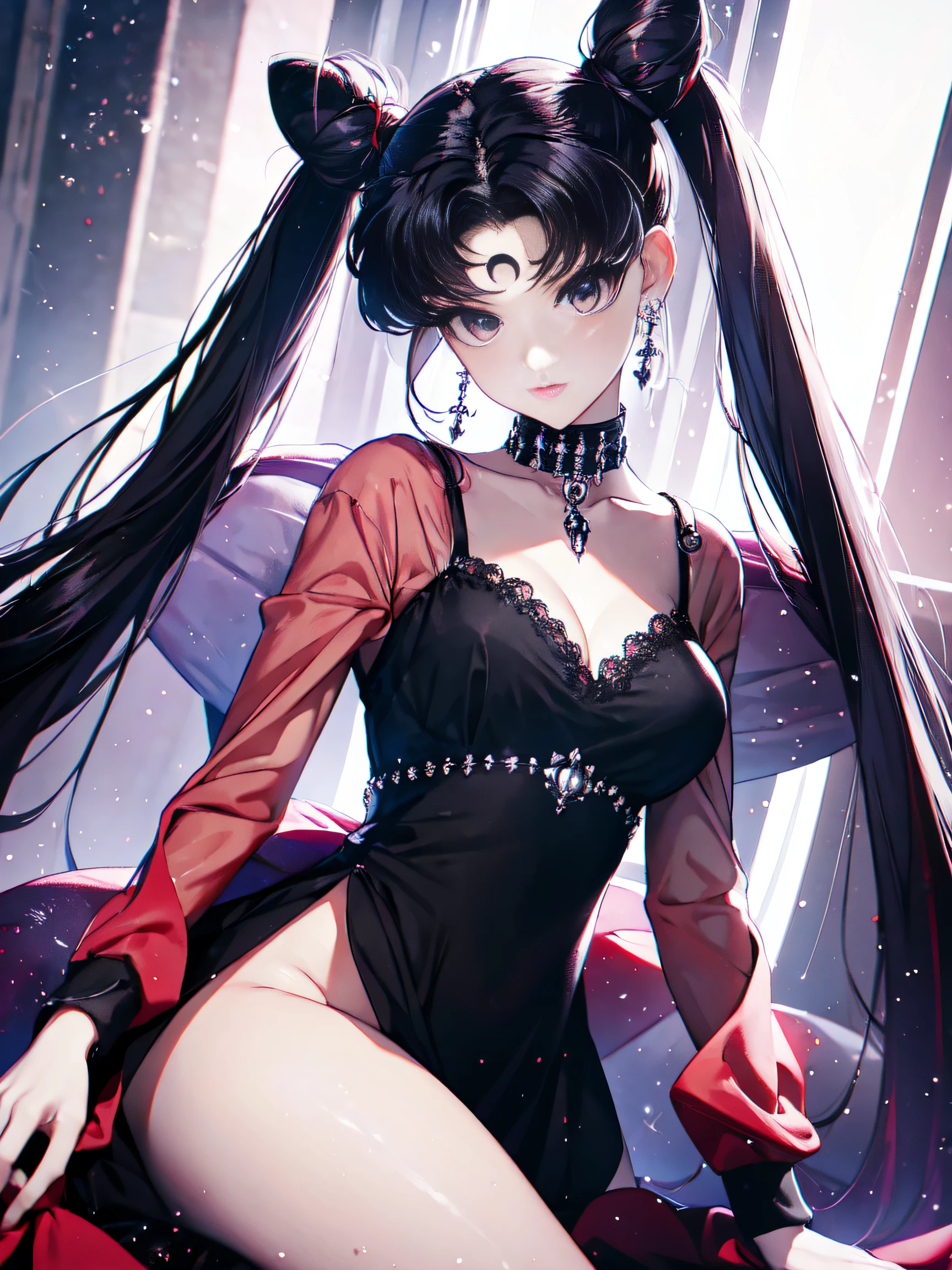 masterpiece, best quality, highres, sailor moon black hair ,wears gothic drees double bun, twintails, parted bangs, circlet, jewelry, earrings, choker,