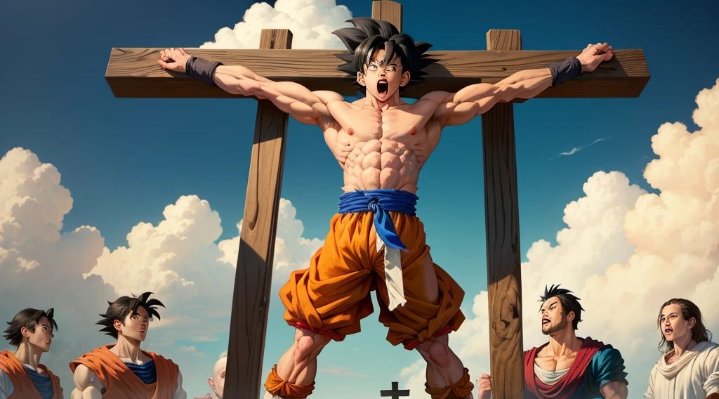 Goku getting crucified on a cross