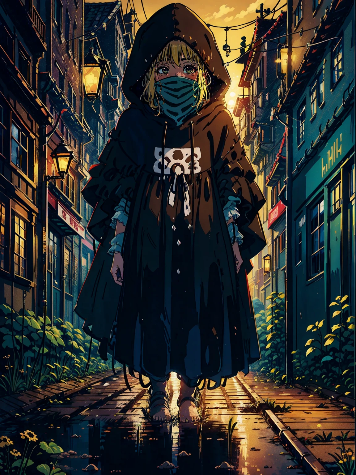 a young girl in a very loose brown poncho, Hood over her face, dirty bare feet, im Inneren eines Waggons, schmutzig , schmutzig, Garbage on the floor, Hintergrund der Stadt, Sonnenuntergang
(best qulaity:0.8), (best qulaity:0.8), Perfekte Anime-Illustration, dunkles, verdecktes Gesicht, Leuchtende Augen
