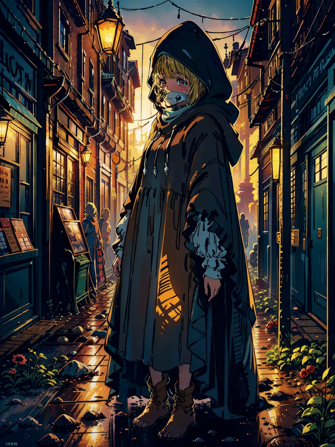 a young girl in a very loose brown poncho, Hood over her face, dirty bare feet, im Inneren eines Waggons, schmutzig , schmutzig, Garbage on the floor, Hintergrund der Stadt, Sonnenuntergang
(best qulaity:0.8), (best qulaity:0.8), Perfekte Anime-Illustration, dunkles, verdecktes Gesicht, Leuchtende Augen