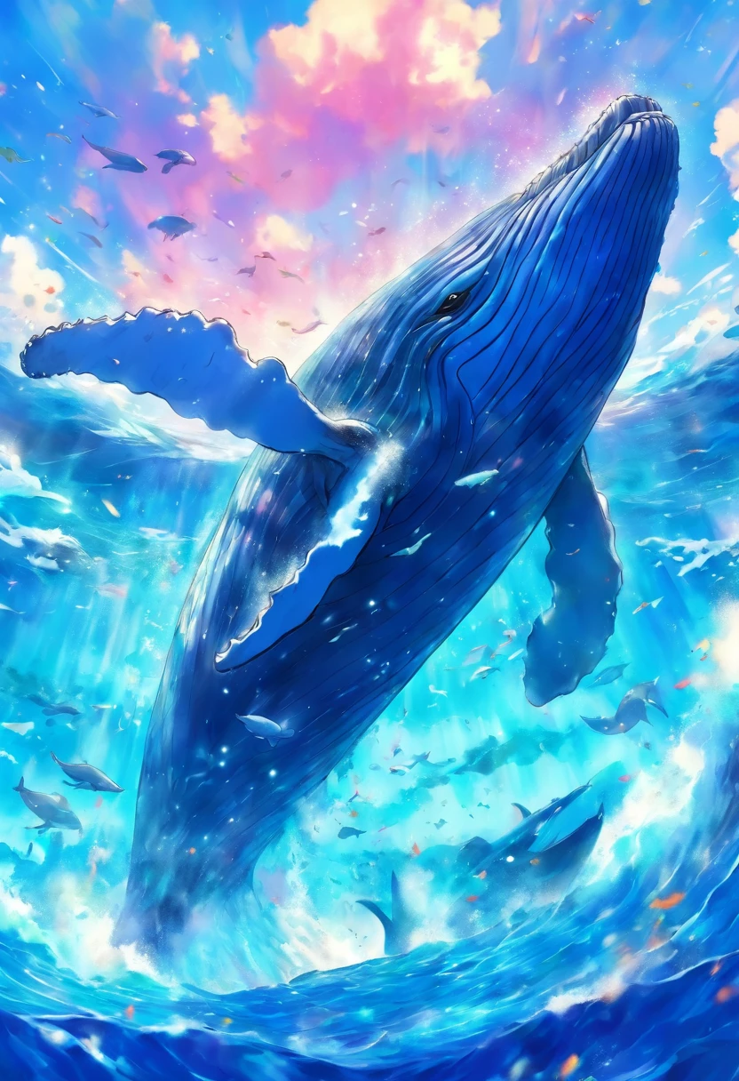 humpback whale, flying in sky, illustrations, watercolor