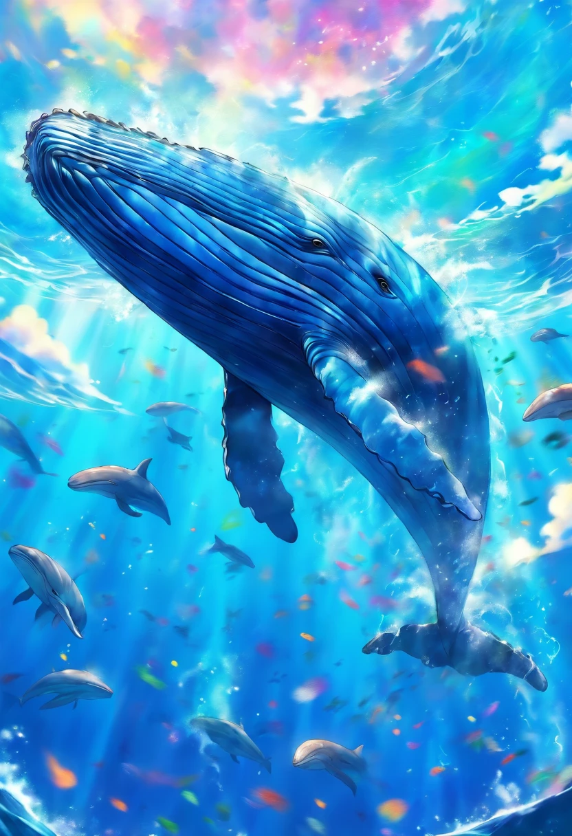 humpback whale, flying in sky, illustrations, watercolor