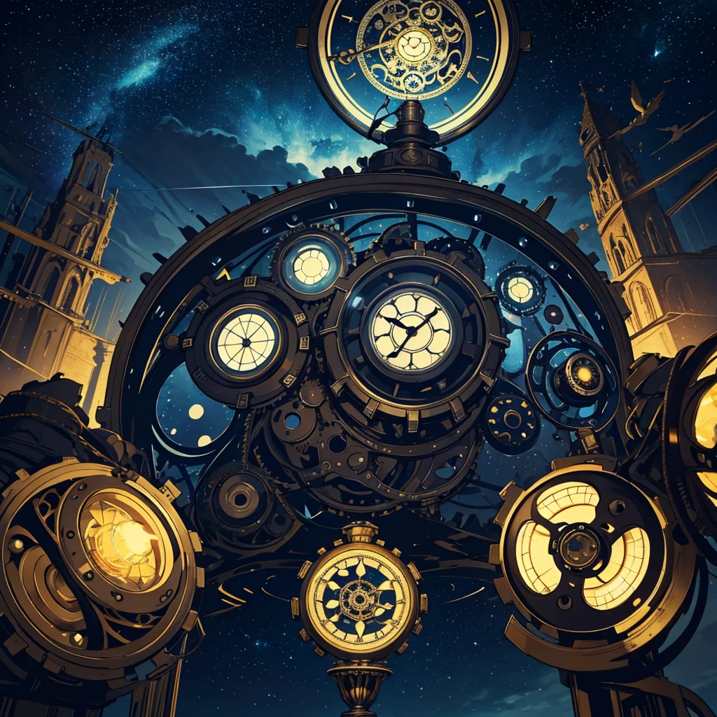 absurdres, best quality, fine detailed, 8k, no humans, starry sky, white cloud, Many huge colorful clocks and gears floating in a dimly lit large room, a huge clock decorated with silver crystal texture, white gears of various sizes, elaborately constructed altar, clock-themed ornament, silver chain, steampunk, ray tracing, refraction, cinematic lighting, fisheye lens, tyndall effect