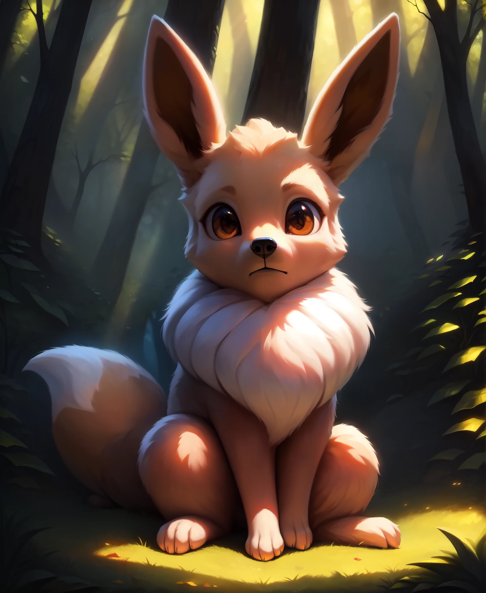 best quality, hi res, masterpiece, absurd res, highly detailed, 4k, anatomically correct

(quadruped, feral:1.25), canid, canine

detailed background, forest, day, sunlight, lawn

(eevee:1.1), tan body, white neck tuft, fluffy dipstick tail, looking_at_viewer lying on_back solo spread_legs spreadin

solo,