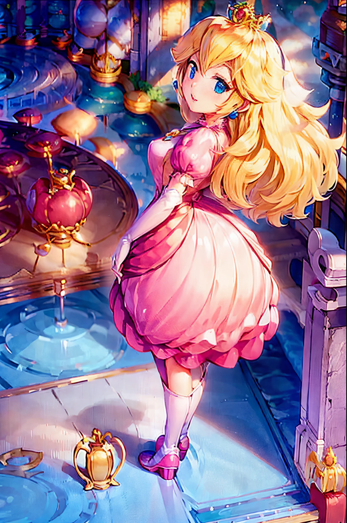 Princess peach, butt, looking back, castle, balcony looking over shoulder, looking back, blushing, bikini